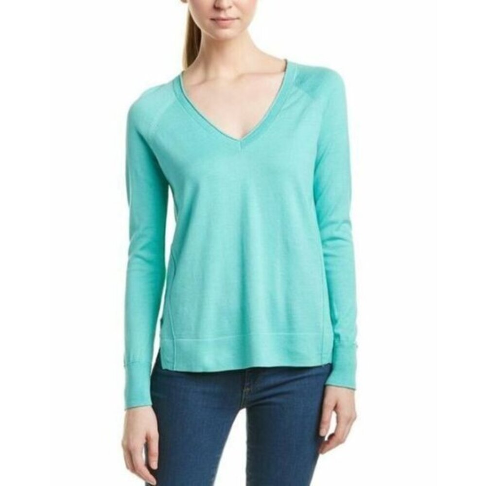 J Brand Sweater V-Neck Pullover Cotton Knit Side Slits Blue Fit Sz S NWT